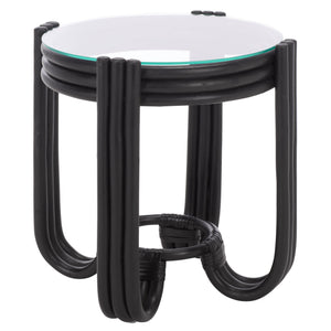 Bilian Round Accent Table With Tempered Glass Top — Rattan Craftsmanship, Compact Side Table For Versatile Styling
