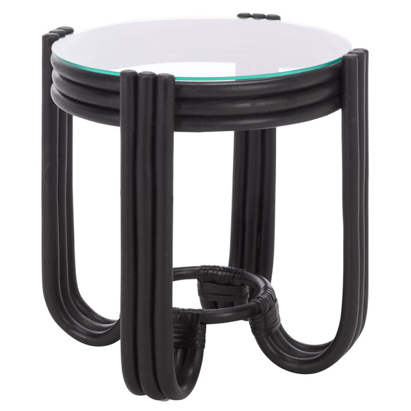 Bilian Round Accent Table With Tempered Glass Top — Rattan Craftsmanship, Compact Side Table For Versatile Styling
