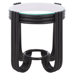 Bilian Round Accent Table With Tempered Glass Top — Rattan Craftsmanship, Compact Side Table For Versatile Styling