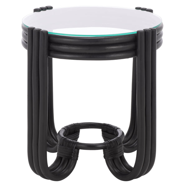 Bilian Round Accent Table With Tempered Glass Top — Rattan Craftsmanship, Compact Side Table For Versatile Styling