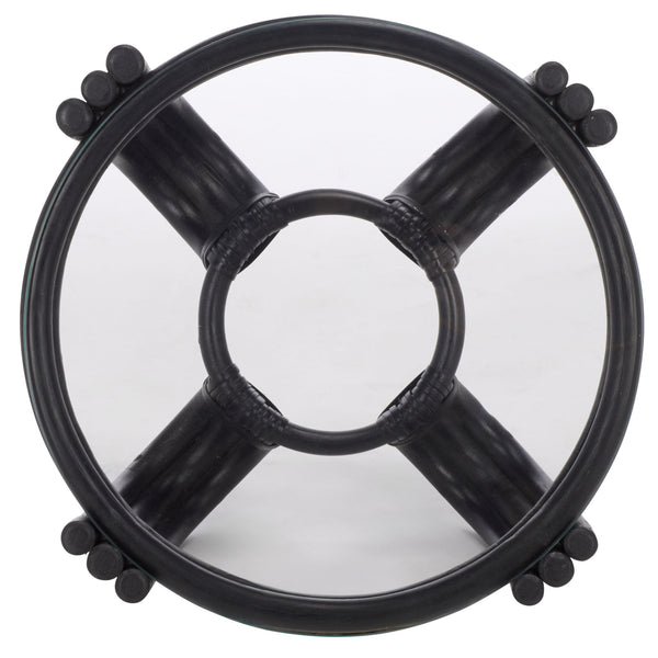 Bilian Round Accent Table With Tempered Glass Top — Rattan Craftsmanship, Compact Side Table For Versatile Styling