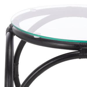 Alesha Round Accent Table With Tempered Top And Semisanded Rattan Frame For Modern Small Spaces