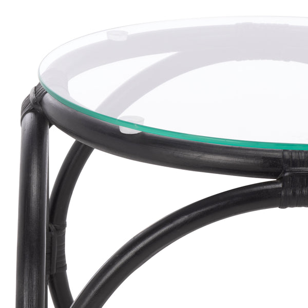 Alesha Round Accent Table With Tempered Top And Semisanded Rattan Frame For Modern Small Spaces