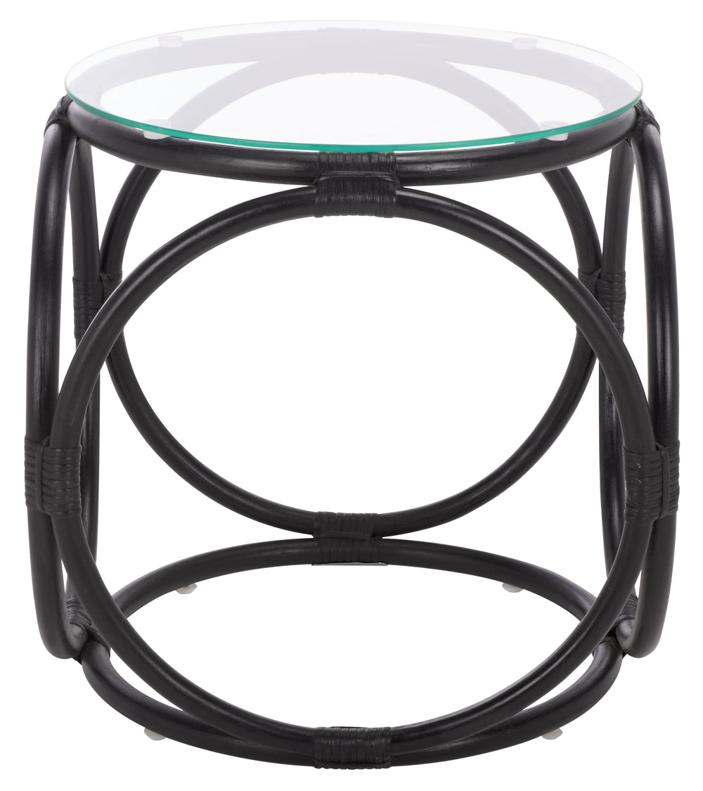 Alesha Round Accent Table With Tempered Top And Semisanded Rattan Frame For Modern Small Spaces