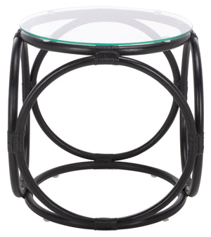 Alesha Round Accent Table With Tempered Top And Semisanded Rattan Frame For Modern Small Spaces