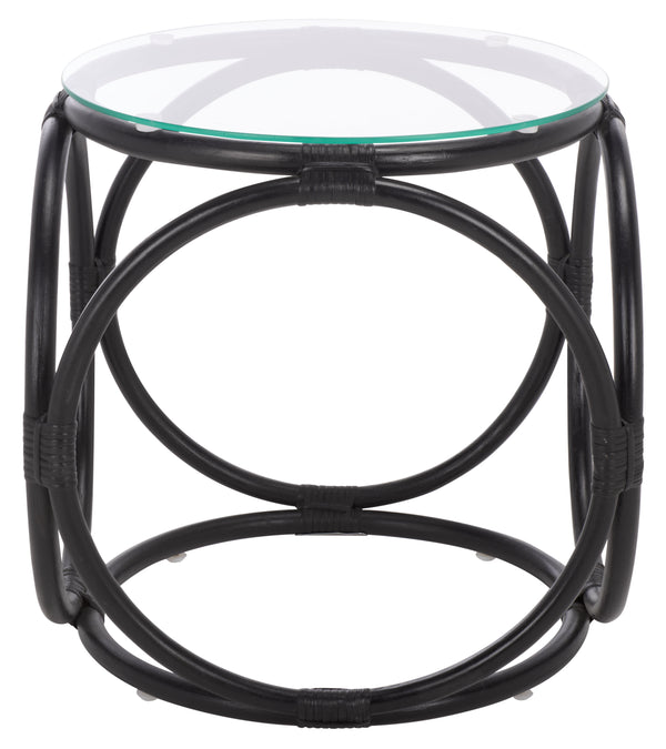 Alesha Round Accent Table With Tempered Top And Semisanded Rattan Frame For Modern Small Spaces