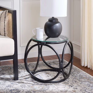 Alesha Round Accent Table With Tempered Top And Semisanded Rattan Frame For Modern Small Spaces