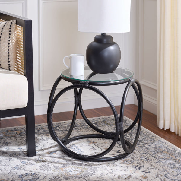 Alesha Round Accent Table With Tempered Top And Semisanded Rattan Frame For Modern Small Spaces
