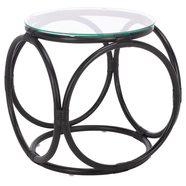 Alesha Round Accent Table With Tempered Top And Semisanded Rattan Frame For Modern Small Spaces