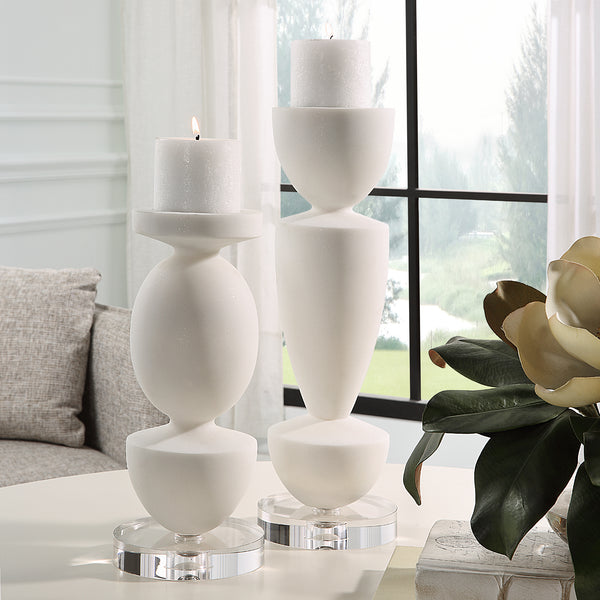 Uttermost Lido White Stone Candleholders, Set/2 18101 RICE STONE,CRYSTAL,METAL