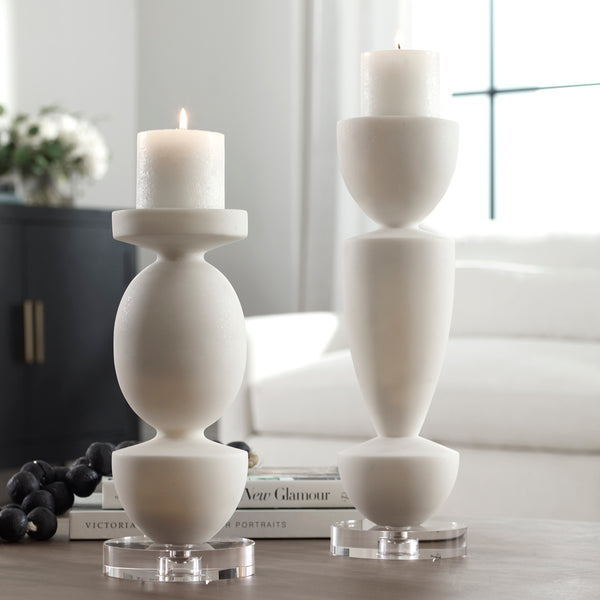 Uttermost Lido White Stone Candleholders, Set/2 18101 RICE STONE,CRYSTAL,METAL