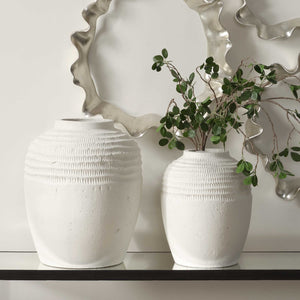 Uttermost Luna Ridge Ceramic Vases Set Of 2 - Elegant Textured Design In Chalk White Finish White Ceramic 18245