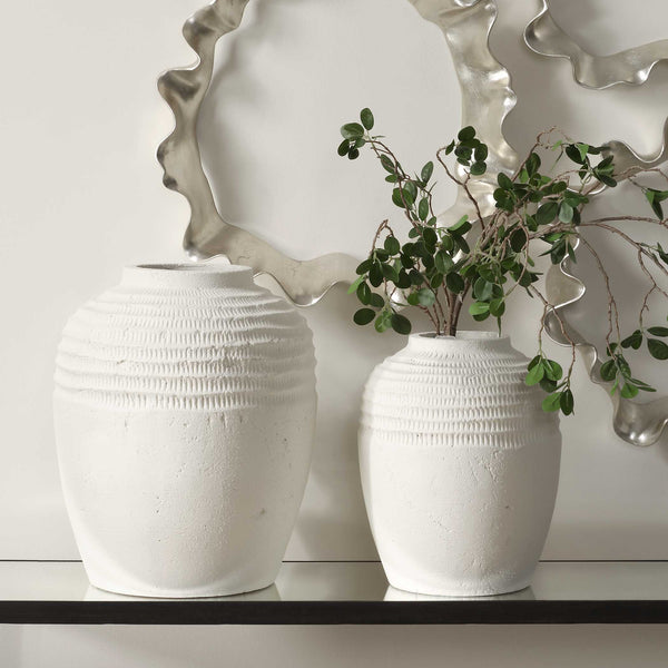Uttermost Luna Ridge Ceramic Vases Set Of 2 - Elegant Textured Design In Chalk White Finish White Ceramic 18245