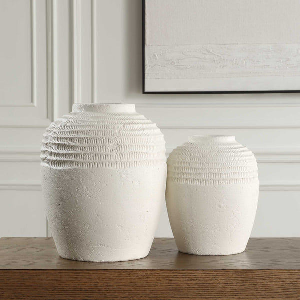 Uttermost Luna Ridge Ceramic Vases Set Of 2 - Elegant Textured Design In Chalk White Finish White Ceramic 18245