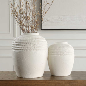 Uttermost Luna Ridge Ceramic Vases Set Of 2 - Elegant Textured Design In Chalk White Finish White Ceramic 18245