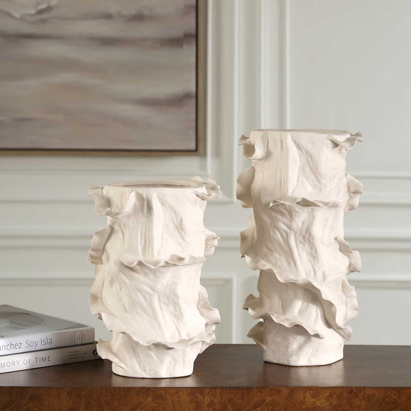 Uttermost Ripple Crest White Vases Set Of 2 - Artistic Sculptural Decor With Fluid Ruffled Edges White Ceramic 18268