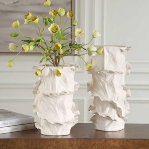 Uttermost Ripple Crest White Vases Set Of 2 - Artistic Sculptural Decor With Fluid Ruffled Edges White Ceramic 18268