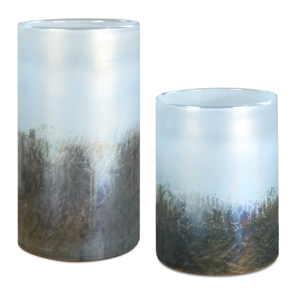 Uttermost Midnight Mist Vases Set Of 2 - Elegant Glass Cylindrical Design In Deep Blue & Silver Hues Blue,Gray Glass 18253