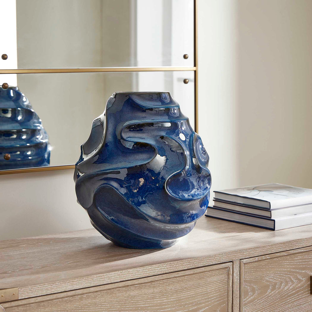 Uttermost Helix Swirl Blue Outdoor Vase - Elegant Sculptural Design With Glossy Finish For Bold Decor Blue Earthenware,Glaze 18285
