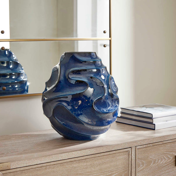 Uttermost Helix Swirl Blue Outdoor Vase - Elegant Sculptural Design With Glossy Finish For Bold Decor Blue Earthenware,Glaze 18285