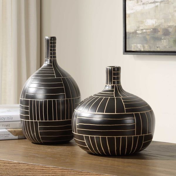 Uttermost Bold Black Ceramic Geometric Vases Set Of 2 - Handcrafted Modern Home Decor Accents Black,White Ceramic 18271