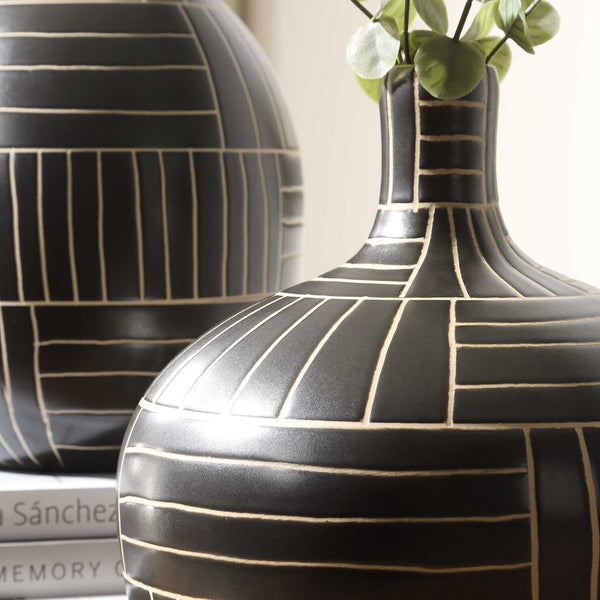 Uttermost Bold Black Ceramic Geometric Vases Set Of 2 - Handcrafted Modern Home Decor Accents Black,White Ceramic 18271