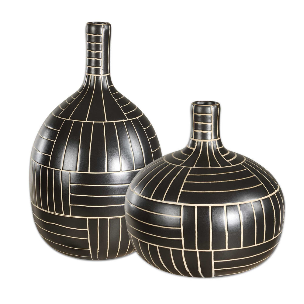 Uttermost Bold Black Ceramic Geometric Vases Set Of 2 - Handcrafted Modern Home Decor Accents Black,White Ceramic 18271