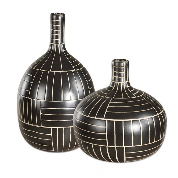 Uttermost Bold Black Ceramic Geometric Vases Set Of 2 - Handcrafted Modern Home Decor Accents Black,White Ceramic 18271