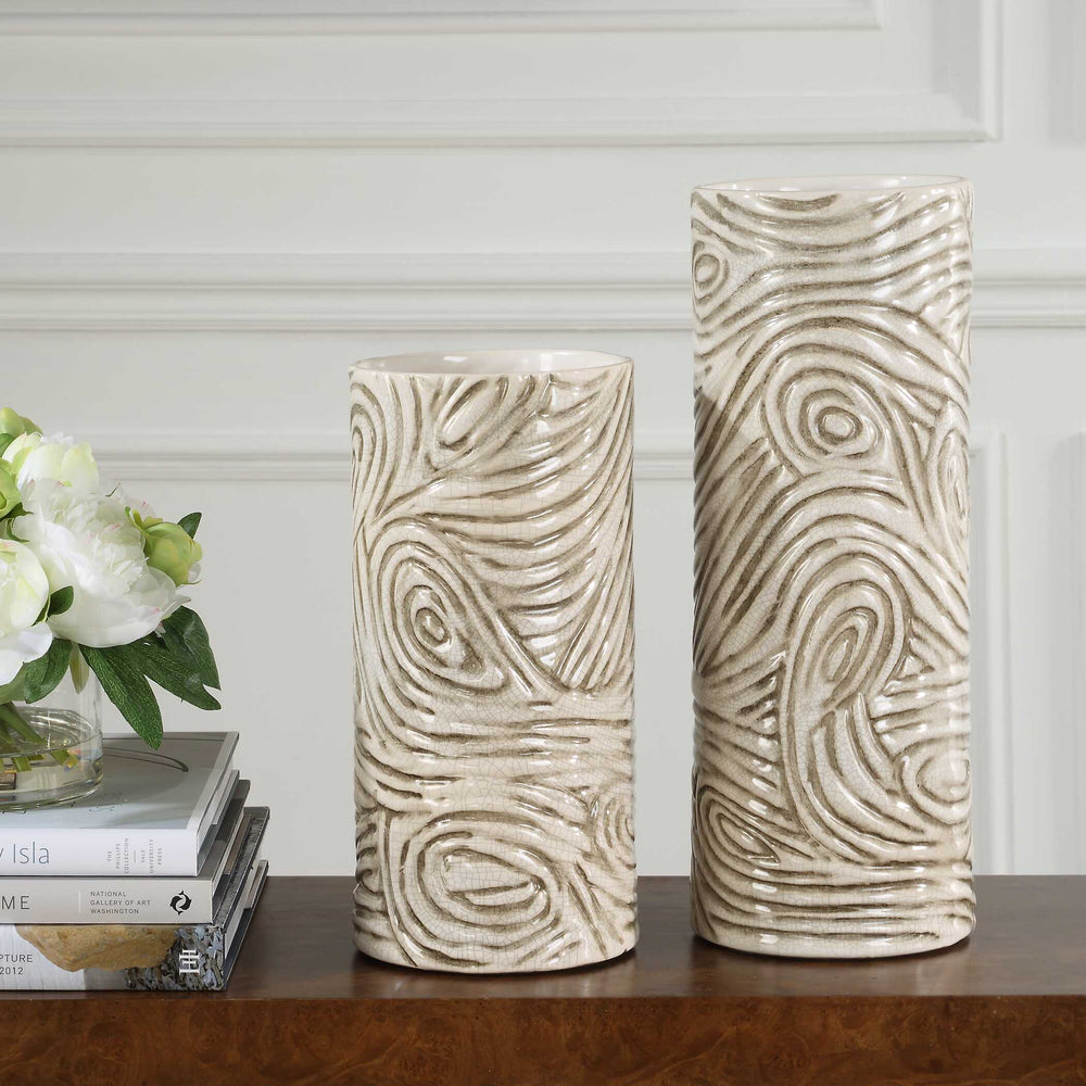 Uttermost Elegant Earth Tone Vases Set/2 - Hand-carved Ceramic Decor For Rustic Modern Spaces Gray,White Ceramic 18272
