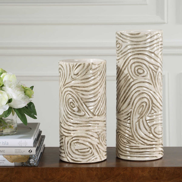 Uttermost Elegant Earth Tone Vases Set/2 - Hand-carved Ceramic Decor For Rustic Modern Spaces Gray,White Ceramic 18272