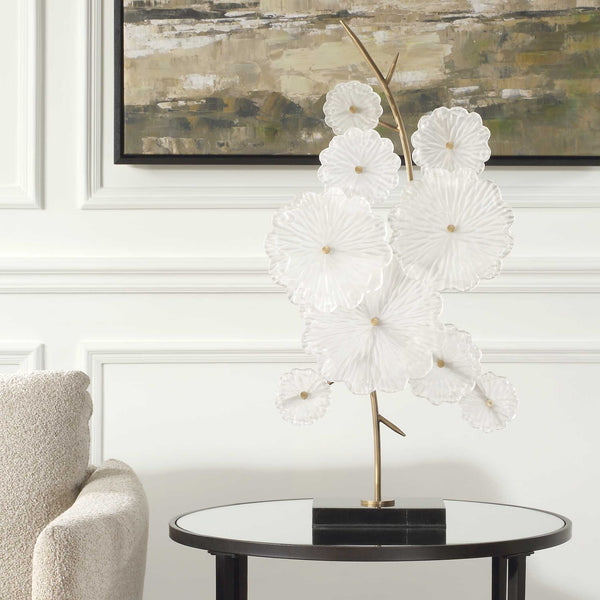 Uttermost Elegant Floral Glass Sculpture Table With Golden Stems & Black Marble Base For Sophistication Gold,White Glass,Metal,Marble 18280