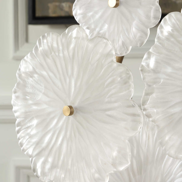 Uttermost Elegant Floral Glass Sculpture Table With Golden Stems & Black Marble Base For Sophistication Gold,White Glass,Metal,Marble 18280