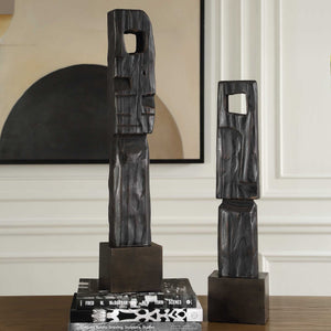 Uttermost Uttermost Aged Black Wood Totems Set Of 2 – Abstract Geometric Sculptures, Slim Freestanding Decor 27" 18282