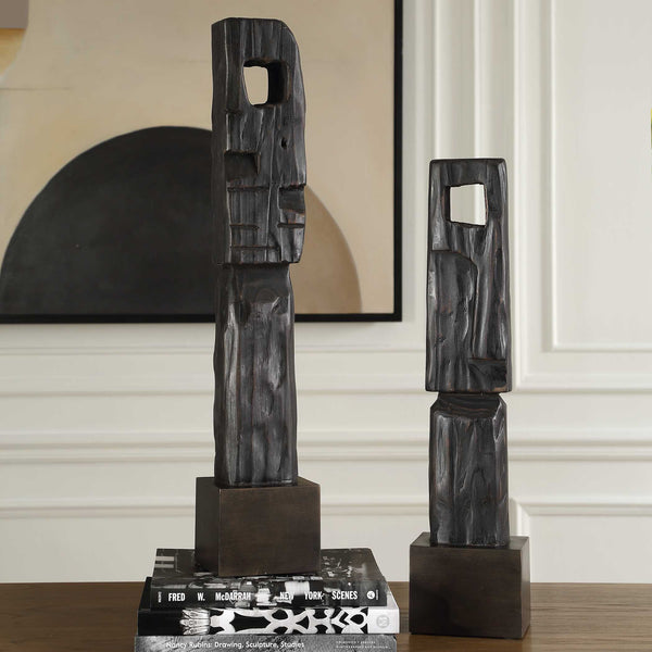 Uttermost Uttermost Aged Black Wood Totems Set Of 2 – Abstract Geometric Sculptures, Slim Freestanding Decor 27" 18282