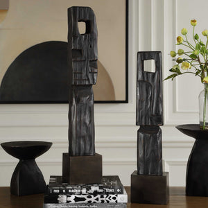 Uttermost Uttermost Aged Black Wood Totems Set Of 2 – Abstract Geometric Sculptures, Slim Freestanding Decor 27" 18282