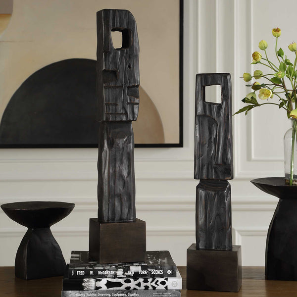 Uttermost Uttermost Aged Black Wood Totems Set Of 2 – Abstract Geometric Sculptures, Slim Freestanding Decor 27" 18282