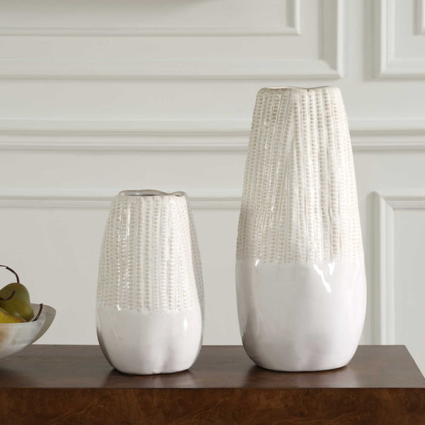 Uttermost Echo Ridge White Ceramic Vases Set Of 2 - Textured Modern Design For Home Decor Accent White Ceramic 18244