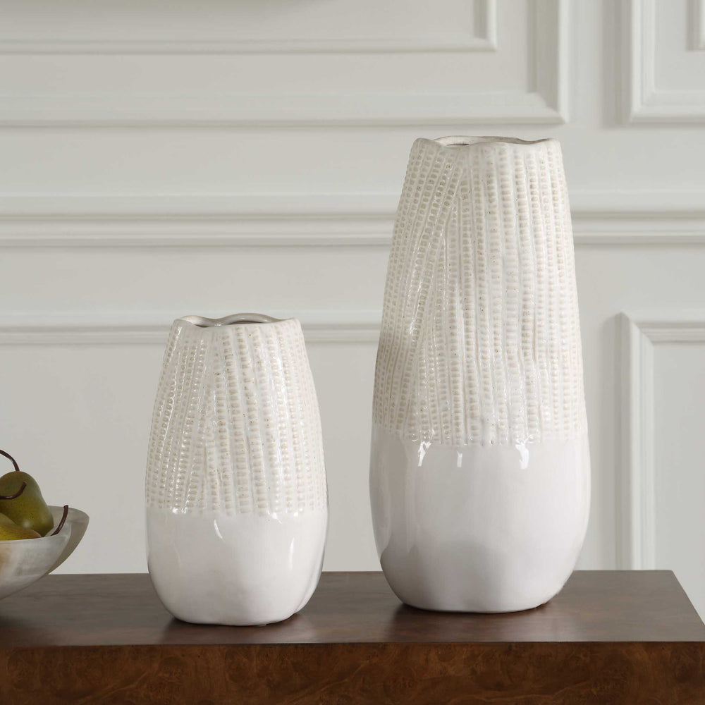 Uttermost Echo Ridge White Ceramic Vases Set Of 2 - Textured Modern Design For Home Decor Accent White Ceramic 18244