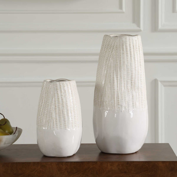 Uttermost Echo Ridge White Ceramic Vases Set Of 2 - Textured Modern Design For Home Decor Accent White Ceramic 18244