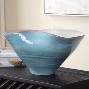 Uttermost Uttermost Blue Crest Ceramic Bowl — Vibrant Blue Crackle Glaze, Wavy Sculptural Rim Centerpiece 18278