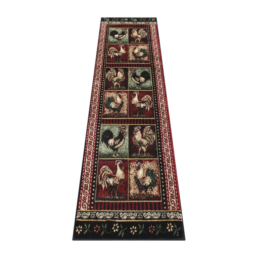English Elm Gallus Collection 2' x 7' Rustic Black Rooster Area Rug - Durable, Soft, Kid & Pet Friendly Accent Rug ACD-RG3PPB-27-BK-GG