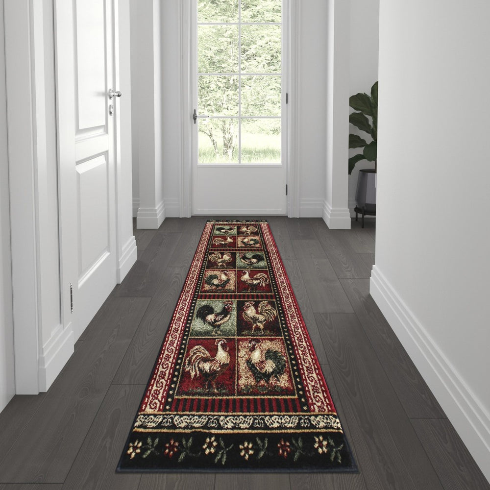 English Elm Gallus Collection 2' x 7' Rustic Black Rooster Area Rug - Durable, Soft, Kid & Pet Friendly Accent Rug ACD-RG3PPB-27-BK-GG