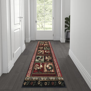 English Elm Gallus Collection 2' x 7' Rustic Black Rooster Area Rug - Durable, Soft, Kid & Pet Friendly Accent Rug ACD-RG3PPB-27-BK-GG