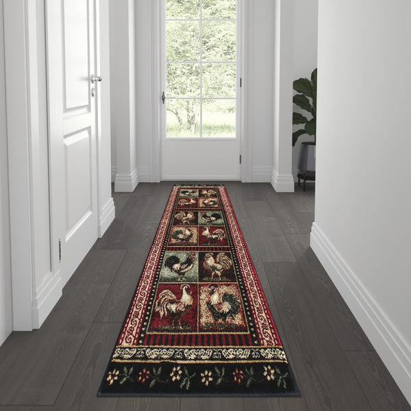English Elm Gallus Collection 2' x 7' Rustic Black Rooster Area Rug - Durable, Soft, Kid & Pet Friendly Accent Rug ACD-RG3PPB-27-BK-GG