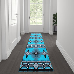 English Elm Mohave Collection Southwestern Style Area Rug - Durable Olefin Fibers with Jute Backing for Comfort Turquoise 2' x 7' ACD-RGC318-27-TQ-GG