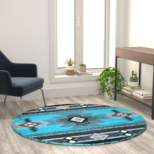 English Elm Mohave Collection Southwestern Style Area Rug - Durable Olefin Fibers with Jute Backing for Comfort Turquoise 5' Round ACD-RGC318-55-TQ-GG