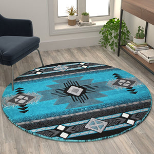 English Elm Mohave Collection Southwestern Style Area Rug - Durable Olefin Fibers with Jute Backing for Comfort Turquoise 5' Round ACD-RGC318-55-TQ-GG