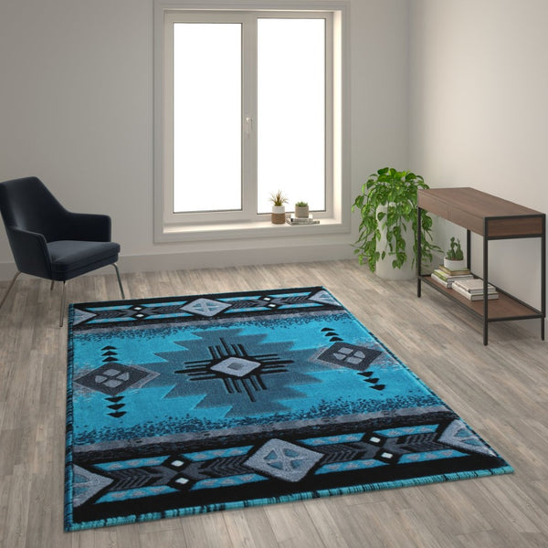 English Elm Mohave Collection Southwestern Style Area Rug - Durable Olefin Fibers with Jute Backing for Comfort Turquoise 6' x 9' ACD-RGC318-69-TQ-GG