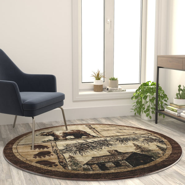English Elm Vale Collection Rustic Wildlife-Inspired Area Rug - Cozy Olefin Design with Jute Backing for Home Beige 6' Round ACD-RGL362-66-BG-GG