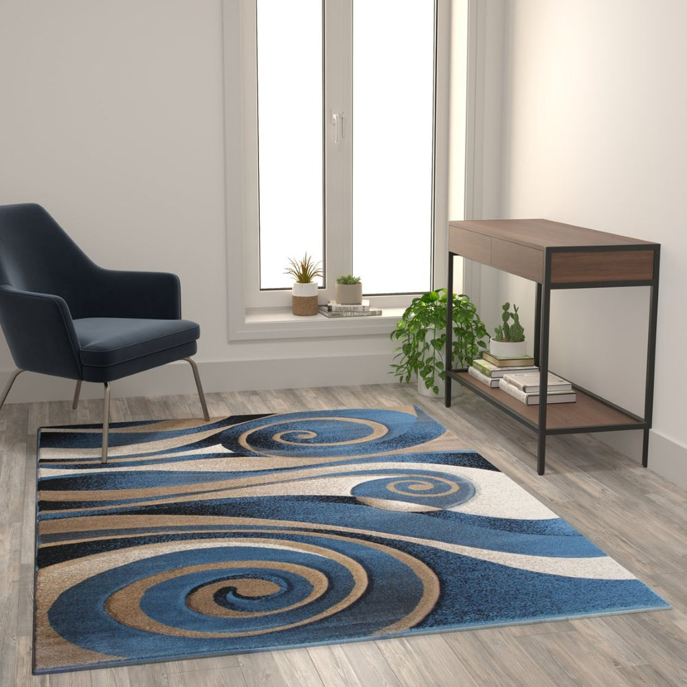 English Elm Coterie 5' x 7' Modern Circular Area Rug - Soft Blue & Beige Olefin with Jute Backing for Comfort ACD-RGRUL4-57-BL-GG